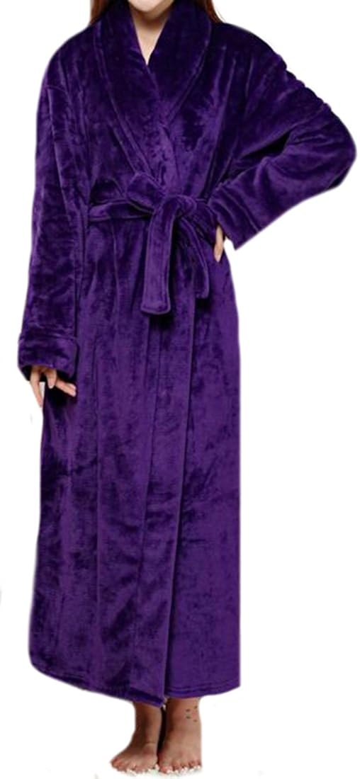 XQS Women Comfort Long Bathrobes Fleece Thick Warm Robes Purple M