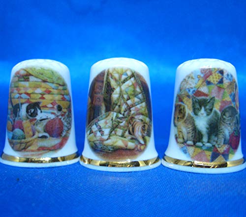 Birchcroft Porcelain China Collectable - Set of Three Thimbles - Kittens and Quilts