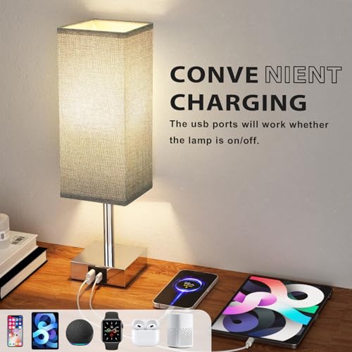 Aooshine Touch Control Bedside Lamps Set of 2, Touch Lamps with USB-C+A Charging Ports, 3-Way Dimmable Table Lamps for Bedroom with Grey Fabric Shade(Bulbs Included) | Touch Lamps with 3 Way Dimmable Table Lamps for Bedroom/Living Room/Study Room/Office with Grey Fabric Shade, Bulbs Included