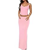 Lybiogs Two Piece Skirt Set for Women - Sexy Sleeveless Spaghetti Strap Pleated Tank Top Maxi Long Skirts Sets