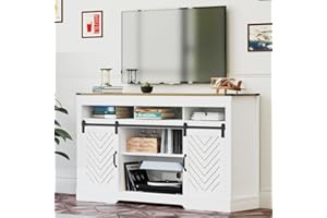 FansaFurn Farmhouse TV Stand for 65+ Inch TV, Tall Entertainment Center with Sliding Barn Doors, Rustic Wood Storage Cabinet Television Media Console for Living Room, Bedroom (Wood-Tone and White)