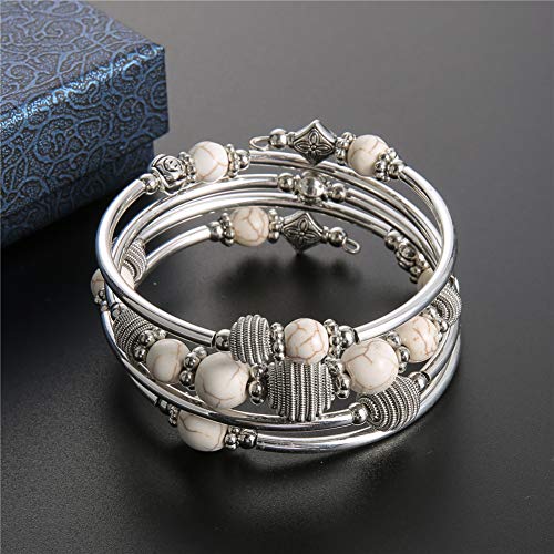 Pearl&Club Beaded Chakra Bangle Turquoise Bracelet - Fashion Jewelry Wrap Bracelet with Thick Silver Metal and Mala Beads, Birthday Gifts For Women (White Turquoise) - Thumbnail 4