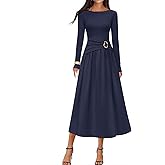 MEROKEETY Women's 2025 Fall Long Sleeve Midi Dress Elegant Boat Neck Ruched Swing Cocktail Party Dresses