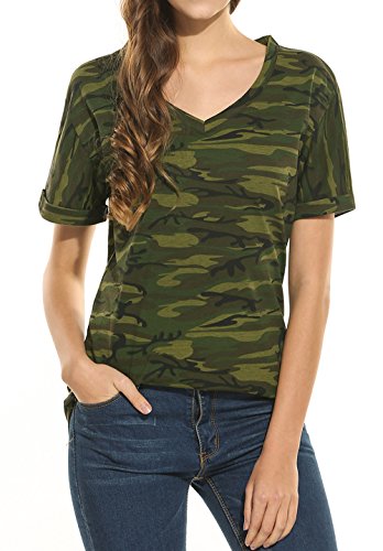 POGTMM Women Long Sleeve O-Neck Patchwork Casual Loose T-shirt Blouse Tops (M, X Army Green)