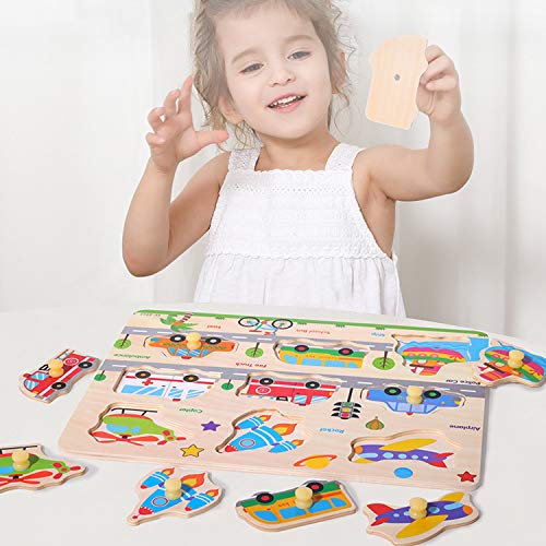 Wooden Peg Puzzles for Toddlers 2 3 4 Years Old,Toddler Puzzles Insect,Vehicles, Letters and Numbers,Educational Wood Preschool Toys for Boys and Girls,Knob Puzzles for Toddlers（4 Pack） - Thumbnail 3