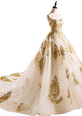OnlyBridal Women's Strapless Tulle A Line Bridal Gown Gold Appliques 2017 Wedding Dress