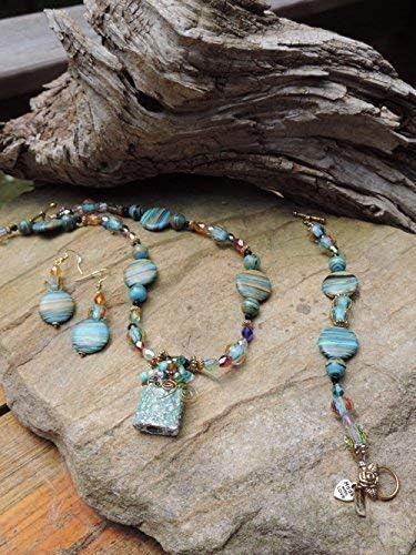 Handmade Jewelry Set - Let's Go Shopping Pendant & Faceted Glass Bead Necklace, Bracelet & Earrings