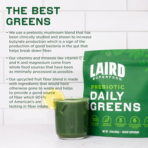 Laird Superfood Prebiotic Daily Greens Powder – Essential Vitamins & Minerals - Prebiotic Fiber, Adaptogen and Fruits & Vegetables – Supports Gut Health – Non-GMO, Vegan - 14.8 oz Bag, Pack of 1