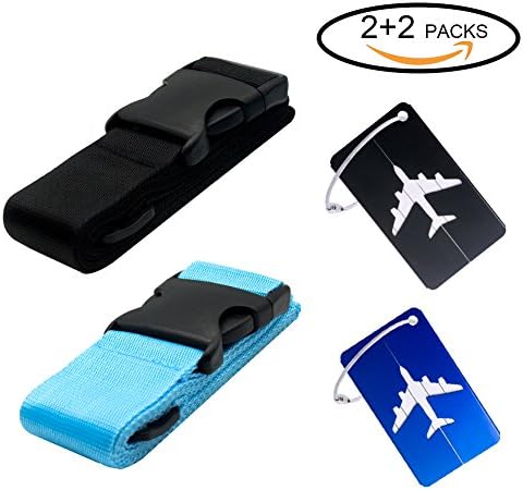 2 set of Luggage Straps Suitcase Belts and Aluminum Luggage Tags for the Travel Luggage Baggage(Black&Blue)