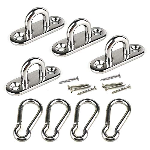 4Pcs M5 304 Stainless Steel Oblong Pad Eye and 4Pcs Stainless Steel Snap Hook for Boat Application Hook Ceiling Hook Loop Wall Mount Hanging Hardware Fitting