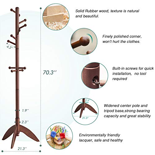 Vlush Rubber Wood Coat Rack Free Standing, 11 Hooks Hallway/Entryway