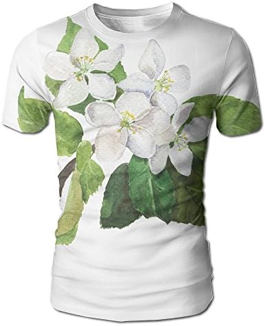 JeanCo Men's Branch Of Apple Or Pear Tree With Green Leaves and White Flowers Hand Drawn Watercolor Particular T-Shirt White M