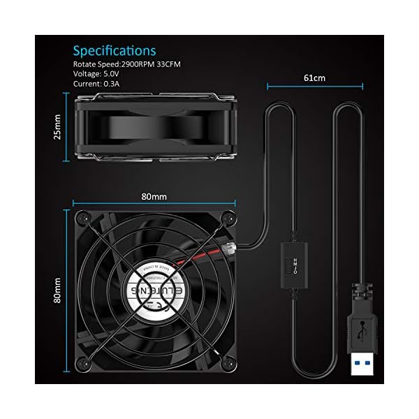 ELUTENG-80mm-Fan-with-LMH-3-Level-Speed-Switch-Metal-AC-Adapter-Fan-Cooling-Radiator-2900-RPM-Portable-AC-Adapter-Powered-Desktop-Fan-for-LaptopTV-BoxAV-cabintPS4-Black ELUTENG 80mm Fan with L/M/H 3 Level Speed Switch Metal AC Adapter Fan Cooling Radiator 2900 RPM Portable AC Adapter…