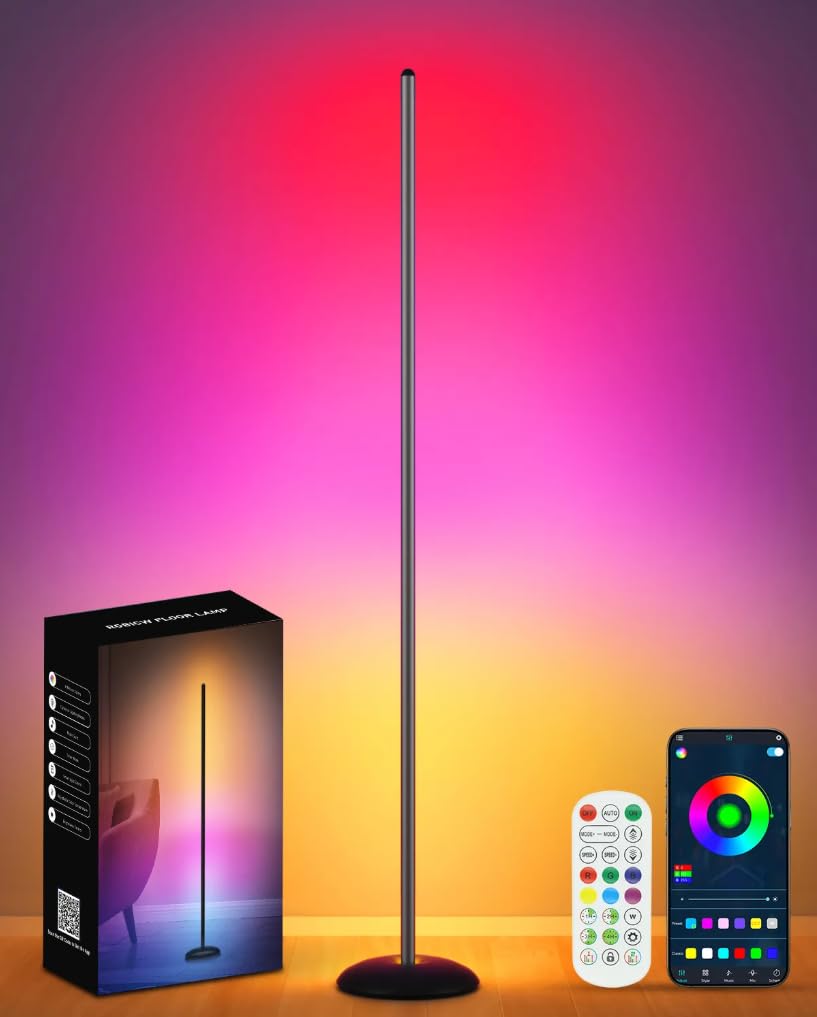 Photo 1 of Vexinat Corner Floor Lamp, Smart RGB LED Corner Lamp with App & Remote, Modern Floor Lamp with 16 Million Colors, Music Sync, Scene Modes, Color Changing Standing Lamps for Living Room, Bedroom