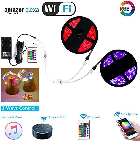 LED Light Strip Alexa Compatible,32Ft Wifi Wireless Smart Phone IR Remote Controlled with RGB Multicolor 300LEDs 5050 Waterproof DIY kit Works Amazon echo Google Home(Sync with Music)