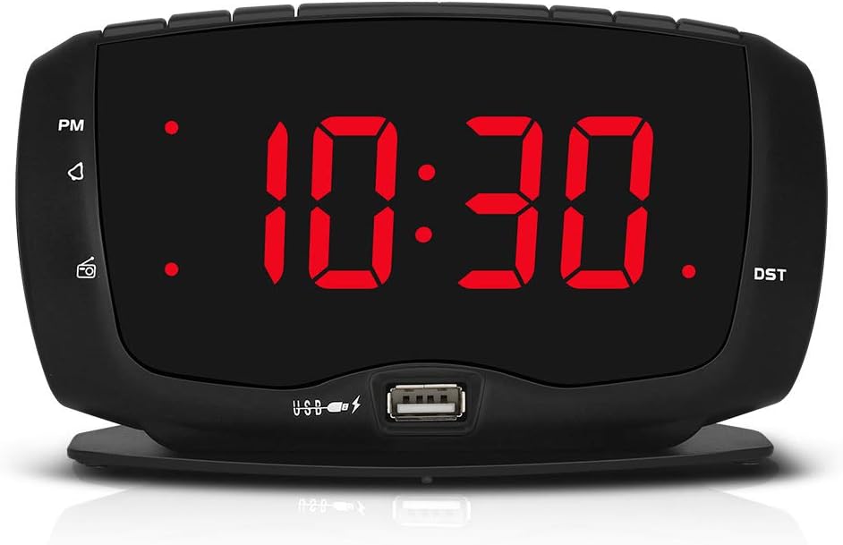DreamSky Electronics Alarm Clock Radio for Bedrooms, FM Radio, 1.4 Inches Large LED Number Display, Dual USB Charging Ports, Headphone Jack, Snooze, DST, Sleep Timer
