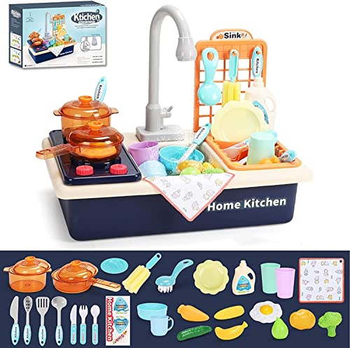 Beauenty Kitchen Sink Toys Water Playset Cooking Stove Play with Running Water House Wash Up Kitchen Sets with Realistic Light Play Dishes Accessories for Girls Boys Kids 3-7 Years Old (Blue)