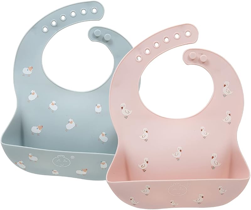 Little Dimsum 2Pcs Silicone Baby Bibs Adjustable Wipe Clean Waterproof Crumb