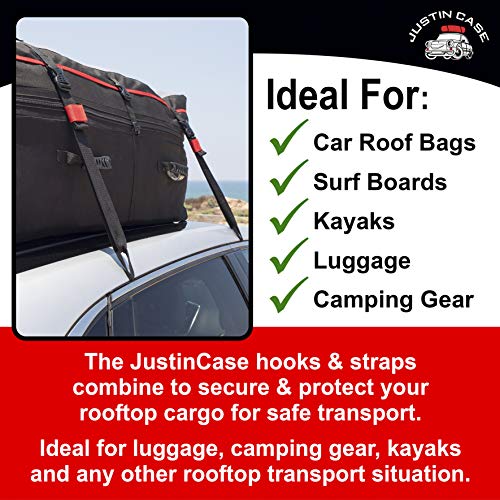 Justin Case Rooftop Cargo Hooks and Tie Down Straps - Ultimate Car Roof Storage System - Sturdy and Safe - Four Stainless Steel Hooks - Two 197-Inch (16'-5") Long, 1-Inch Wide Car Rooftop Straps