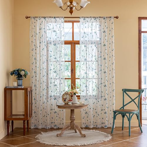 2 Panels Leaf Pattern Semi-Sheer Curtains, 137 x 213 CM Floral Foliage Embroidered Voile Window Drapes for Bedroom & Living Room, Rod Pocket Design, White & Teal