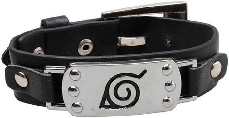 yushe Anime Naruto Leaf Logo Alloy Pu Leather Bracelet Black Cosplay Wristband