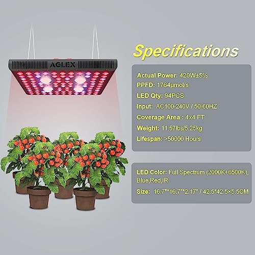 AGLEX 420W COB LED Grow Light, Full Spectrum Plant Grow Lamp with Daisy Chain Veg and Bloom