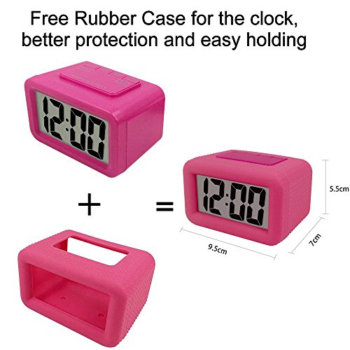TXL Digital Alarm Clock Table Electronic Clock with Rubber Case Display Time/Alarm, Snooze/Backlight, Adjustable Light Dimmer Battery Operated Bedside Desk/Shelf Clock, Gift for Kids/Teens/Home, Pink