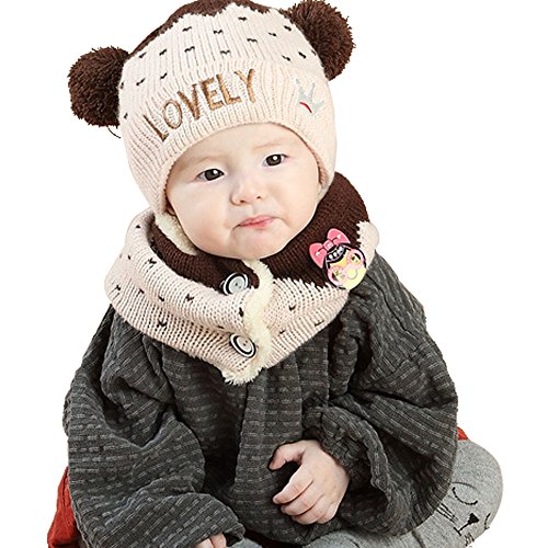 QBSM Baby Knit Woolen Winter Warm Hat Scarf Set Hood Scarves Skull Cap For Kids (Beige)