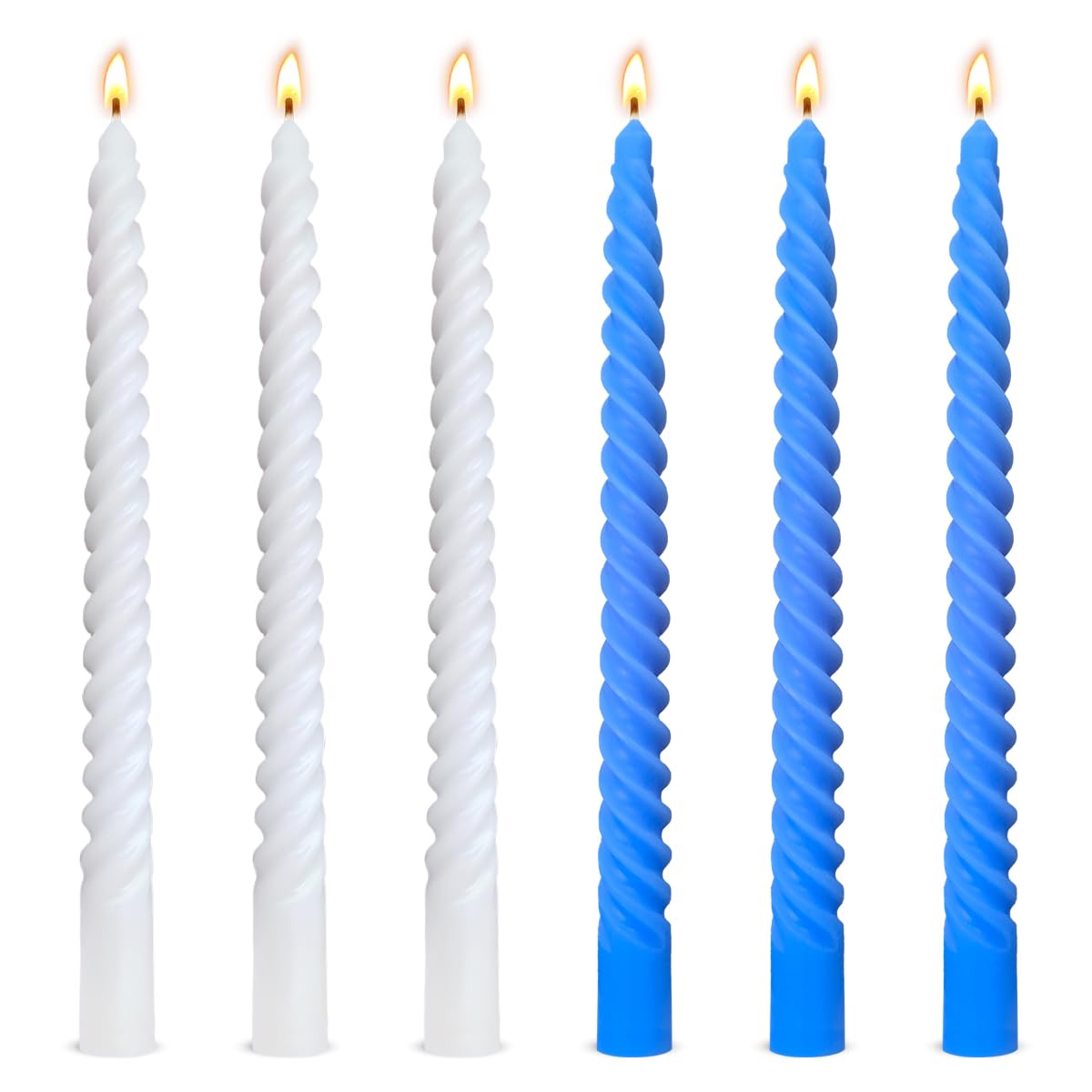 Photo 1 of 10 Inch 3 Blue and 3 White Spiral Taper Candle Set, Unscented Dripless Candlesticks for Hanukkah, Holiday Décor, and Festive Dinners
