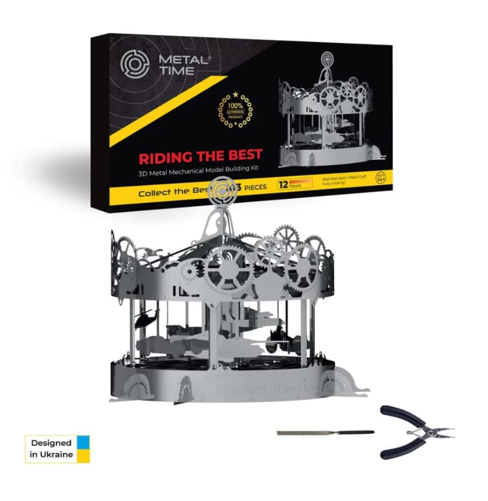 METAL-TIME RIDING THE BEST CAROUSEL, Carousel Model, Metal Model Kit, 3D Puzzle Building Crafts for Adults and Kids, Collectible Figurine, Stainless Steel DIY Construction with Toolbox, 42 Pieces.