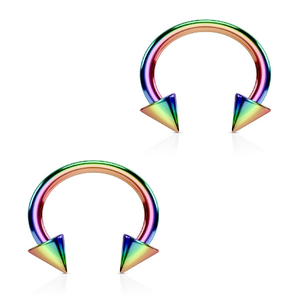 PiercedOff Rainbow Titanium IP over 316L Surgical Steel 1.2mm Horseshoe with 4mm Spikes - Ring Size 10mm - Sold as a Pack of 2 Horseshoes