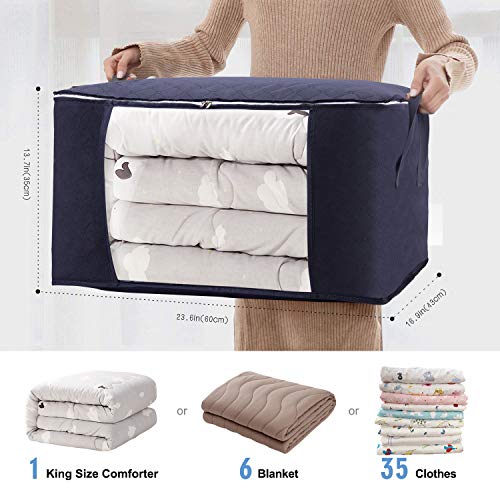 Clothes Storage Organizer, Large Storage Container with Thickened Handles for Bedding, Clothes and Blankets, Strong Zippers, Transparent Windows, 4 Pieces (Blue)