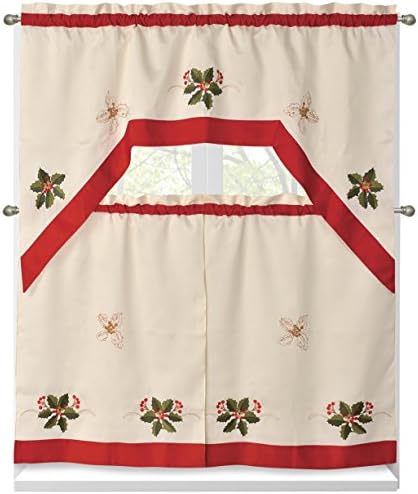 Holiday Holly Berries Embroidered Sheer 3-Piece Kitchen Tier Set with Red Trim Border