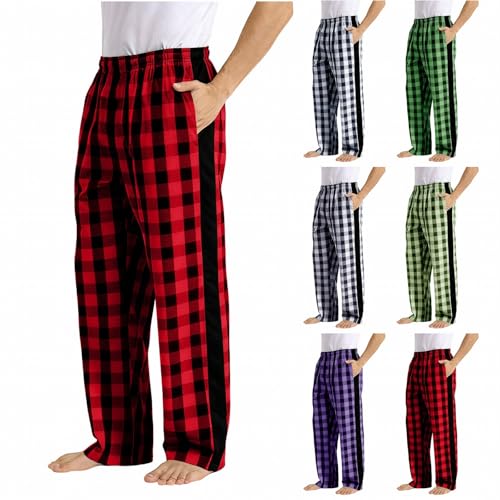 Mens Pyjama Bottoms Plaid Elastic Waist Checked Lounge Pants Baggy Lightweight Pjs Pants Straight-Fit Soft Comfy Pyjama Bottoms With Pockets Relaxed Fit Nightwear (Red, S)