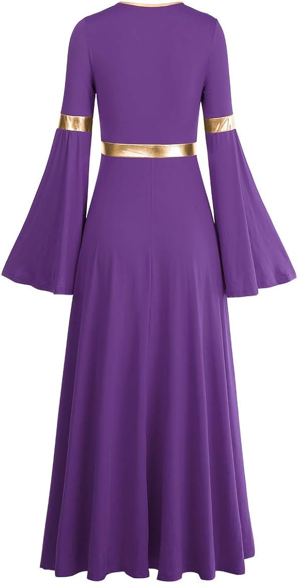 Women Metallic V Neck Praise Dance Dress Liturgical Worship Costume Bi Color Bell Long Sleeve Church Robe Praisewear: Clothing