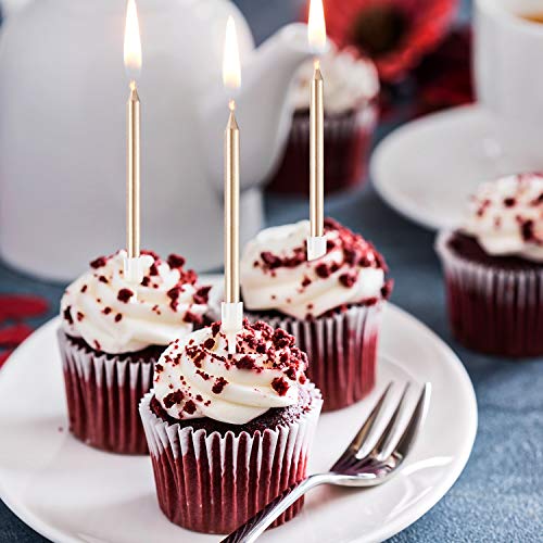 Frienda 24 Pieces Metallic Birthday Cake Candles in Holders Long Thin Birthday Candles Cupcake Candles Wedding Party Cake Decorations (Gold and Champagne Gold)