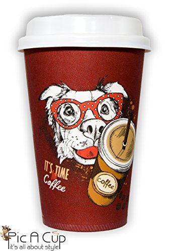 Disposable Paper Cups with Leak Proof Lids, 12oz Premium Design Coffee Cup Set of 50. Hot/Cold Beverage Dog, Guitar, Rocket Travel Cups To Go Coffee Cups with Lids, Carrying Case Included.