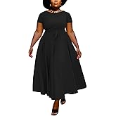 Hostoyo Women Plus Size Formal A Line Maxi Dress Self Tie Waist with Pockets Elegant Round Neck Swing Long Dresses