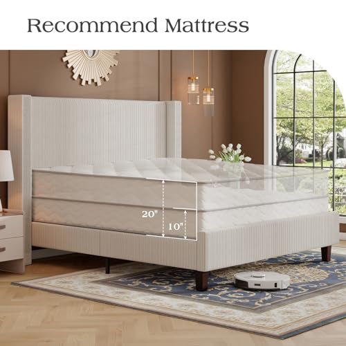 Jocisland Queen Size Upholstered Platform Bed Frame, 50.8" Corduroy Bed Frame with Wingback Headboard Vertical Tufted, Solid Wood Legs, No Box Spring Needed, Beige
