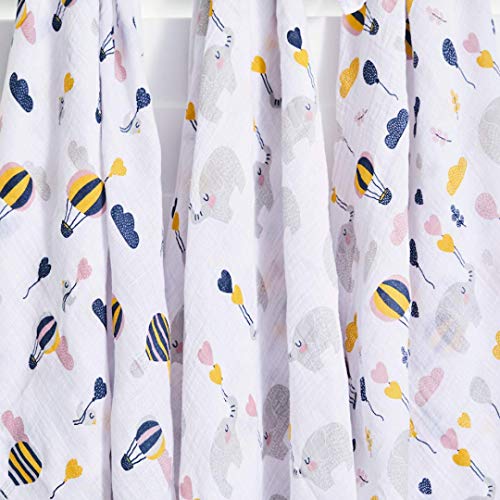 Bubzi Co Elephant Swaddle Muslin Receiving Blankets Set Pack of 3 -Gender Neutral Design -Soft 100% Cotton Fabric - 47 x 47 inch- 120 x 120cm - Infant Swaddling Blankets for Baby Registry Burp Diaper