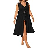 Yousify Womens Plus Size Swimsuit Long Cover Up Chiffon Bikini Coverups Kimono Tie Front Bathing Suit Beachwear
