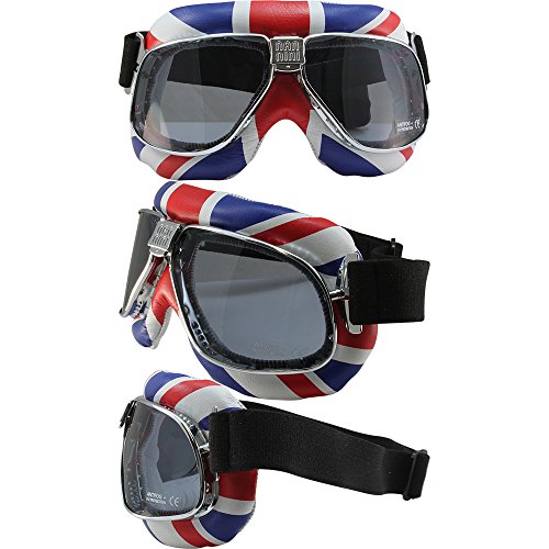 Nannini Biker Motorcycle Goggles Padded British Flag Leather Smoke Anti-Fog Lens