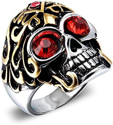 TANTINAH Men's Fashion Design Retro Punk Rock Human Skeleton Style Stainless Steel Skull Ring Red Eye
