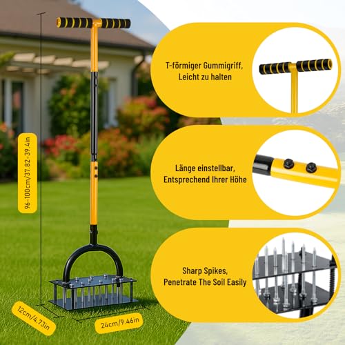Lawn Aerator, Manual Garden Aerator for Lawn, Pre-Assembled 20 Iron Spikes, Adjustable T-Handle, Automatic Dirt and Leaf Clean Design, Garden & Grass aerator