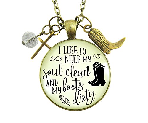 Western Necklace I Like to Keep My Soul Clean Boots Dirty Jewelry For Women Cowgirl Teen 24" Chain - Handmade Sassy Bronze Pendant, Cowboy Boot Cross Charms Country Girl Theme Message Card & Gift Box