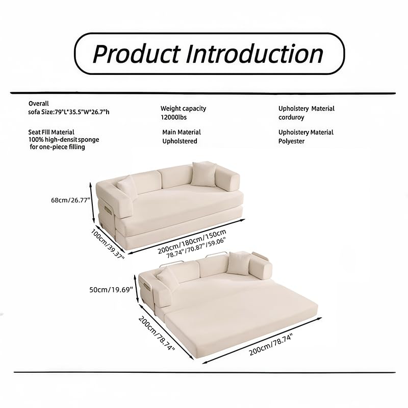 Convertible Folding Couch Bed, Comfy Corduroy Sleeper Floor Sofa Bed with Fixed-Shape Frame, Floor Sofa with Armrest, Lounge Couch for Living Room Bedroom Lounge Studio (Light beige, 150CM) | boneless couch