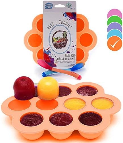 USA Standard- BPA Free | Homemade Baby Food &amp; Frozen Breastmilk Freezer Storage Silicone Tray | Cover Lid | 1.5oz Portion Containers, Cups | Bonus 2 White-Hot Spoons | Makes a Great Gift! | Orange