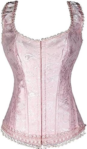 HAMANY Womens Floral Lace up Boned Corset Top with Strap Pink,Size XL