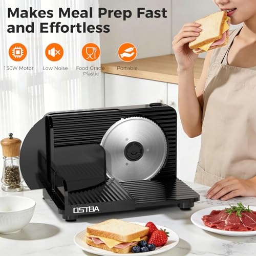 OSTBA Foldable Electric Food Slicer, Adjustable Thickness 0–15mm, 6.7” Stainless Steel Blade, 150W Motor, Portable & Easy-to-Clean, Meat, Cheese, Bread, and Vegetable Slicer for Home Kitchen, Black