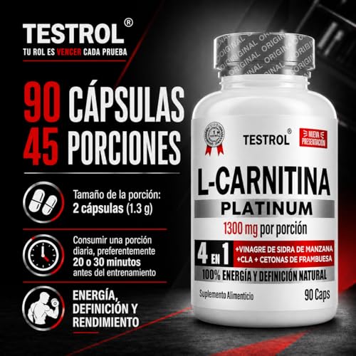 L Carnitina, Platinum 1300mg por porción | 4 en 1 | Carnitina Tartrato, Vinagre de Manzana Organico, Cla y Cetonas de Frambuesa | Pre Workout | Para Hombres y Mujeres, Testrol L-Carnitina 90 Cápsulas